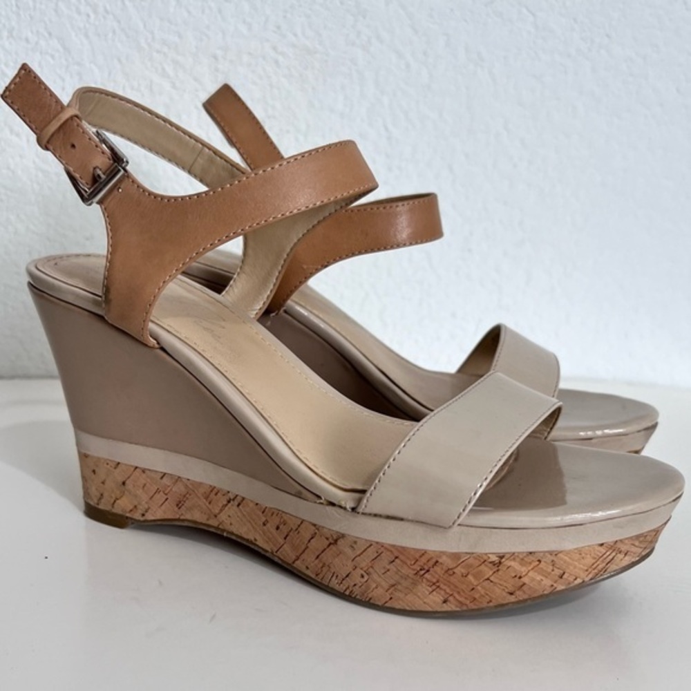 Marc Fisher Flourine Beige Tan Leather Cork Wedge Platform Sandals 8